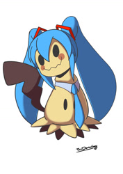 Size: 1024x1449 | Tagged: safe, artist:thedemonfoxy, miku hatsune (vocaloid), fictional species, mimikyu, feral, nintendo, pokémon, vocaloid, 2020, ambiguous gender, cosplay, digital art, simple background, solo, solo ambiguous, tail, white background, wig