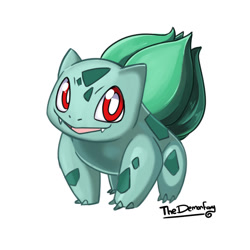 Size: 1024x1024 | Tagged: safe, artist:thedemonfoxy, bulbasaur, fictional species, feral, nintendo, pokémon, 2020, ambiguous gender, claws, digital art, looking at you, open mouth, scales, sharp teeth, simple background, solo, solo ambiguous, starter pokémon, tail, teeth, tongue, white background