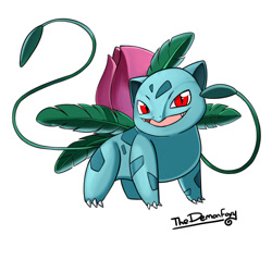 Size: 1024x1024 | Tagged: safe, artist:thedemonfoxy, fictional species, ivysaur, feral, nintendo, pokémon, 2020, ambiguous gender, claws, digital art, looking at you, open mouth, scales, sharp teeth, simple background, solo, solo ambiguous, starter pokémon, tail, teeth, tentacles, tongue, white background