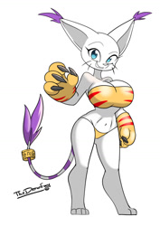 Size: 1024x1449 | Tagged: suggestive, artist:thedemonfoxy, fictional species, gatomon, anthro, digitigrade anthro, digimon, 2021, big breasts, bikini, black nose, breasts, claws, clothes, digital art, eyelashes, female, fur, gloves, looking at you, simple background, smiling, smiling at you, solo, solo female, swimsuit, tail, white background