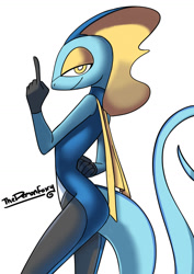 Size: 1024x1449 | Tagged: safe, artist:thedemonfoxy, fictional species, inteleon, anthro, nintendo, pokémon, 2021, bedroom eyes, digital art, looking at you, looking back, looking back at you, male, pose, rear view, scales, simple background, smiling, smiling at you, solo, solo male, starter pokémon, tail, white background