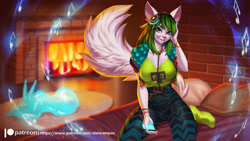 Size: 1280x720 | Tagged: safe, artist:alanscampos, salt (paladins), cat, feline, mammal, anthro, paladins, 2021, bed, bottomwear, clothes, detailed background, digital art, ears, eyelashes, female, fur, hair, headphones, headwear, kneeling, looking at you, pants, pillow, pink nose, pose, shirt, smiling, smiling at you, socks, solo, solo female, tail, topwear