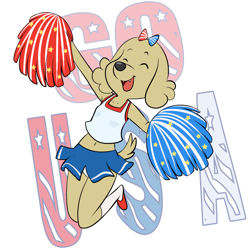 Size: 1000x1000 | Tagged: safe, artist:lonbluewolf, anne kennel (pups of liberty), canine, dog, mammal, anthro, pups of liberty, cheerleader, cheerleader outfit, clothes, crop top, cute, cute little fangs, eyes closed, fangs, female, front view, midriff, open mouth, open smile, smiling, solo, solo female, teeth, three-quarter view, topwear
