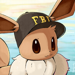 Size: 921x921 | Tagged: safe, artist:nevedoodle, eevee, eeveelution, fictional species, mammal, feral, nintendo, pokémon, ambiguous gender, brown body, brown eyes, brown fur, clothes, digital art, ears, fbi, fluff, fur, hat, head fluff, headwear, looking at you, neck fluff, signature, solo, solo ambiguous