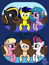 Size: 1920x2562 | Tagged: safe, artist:i-wont-bite-right, artist:mrstheartist, izzy moonbow (mlp), lily valley (mlp), zipp storm (mlp), canon x oc, oc, oc:ponyseb 2.0, oc:seb the pony, earth pony, equine, fictional species, mammal, pegasus, pony, feral, friendship is magic, hasbro, my little pony, my little pony g5, my little pony: a new generation, spoiler, spoiler:my little pony g5, base used, bed, bedroom eyes, black outline, blue background, blushing, bright colors, collage, eyes on the prize, female, flower, flower in hair, grin, group, hair, hair accessory, izzyseb (mlp/oc), lilyseb (mlp/oc), male, midnight strike (mlp), plant, sebstrike (mlp/oc), shipping, simple background, trio, waking up, zippseb (mlp/oc)