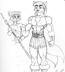 Size: 713x800 | Tagged: safe, canine, fox, mammal, gaul, historically inaccurate, kilt, male, muscles, spear, weapon