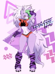Size: 3044x4096 | Tagged: safe, artist:synthwave_wolf, roxanne wolf (fnaf), canine, mammal, wolf, anthro, digitigrade anthro, five nights at freddy's, five nights at freddy's: security breach, 2021, belly button, breasts, clothes, ear fluff, female, fluff, green hair, hair, high res, long hair, looking at you, multicolored hair, smiling, smiling at you, solo, solo female, tail, tail fluff, thighs, two toned hair, white hair