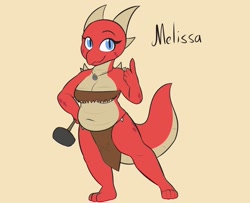 Size: 1280x1040 | Tagged: safe, artist:mrdegradation, fictional species, kobold, reptile, anthro, belly, clothes, female, hammer, horns, jewelry, loincloth, necklace, slightly chubby, solo, solo female, tail
