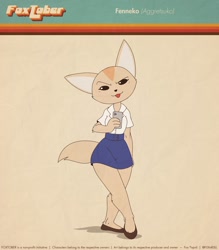 Size: 2100x2400 | Tagged: safe, artist:fox-popvli, fenneko (aggretsuko), canine, fennec fox, fox, mammal, anthro, series:fox-popvli's foxtober, aggretsuko, sanrio, bottomwear, cell phone, clothes, female, high res, holding, holding object, holding phone, iphone, looking at you, open mouth, open smile, phone, short skirt, skirt, smartphone, smiling, smiling at you, solo, solo female, thick thighs, thighs, wide hips