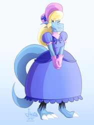 Size: 1500x2000 | Tagged: safe, artist:jamearts, oc, oc only, oc:alice (jamearts), dragon, fictional species, western dragon, anthro, 2d, blue body, breasts, clothes, dragoness, dress, female, front view, hat, headwear, puffy sleeves, solo, solo female, southern belle, three-quarter view