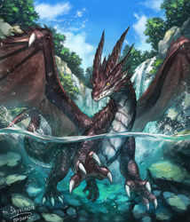 Size: 1029x1200 | Tagged: safe, artist:nasuno_posi, dragon, fictional species, reptile, scaled dragon, western dragon, feral, 2021, ambiguous gender, claws, dragon wings, featured image, horns, partially submerged, solo, solo ambiguous, swimming, tail, water, wings