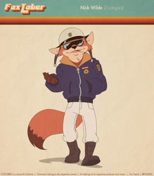 Size: 2100x2400 | Tagged: safe, artist:fox-popvli, nick wilde (zootopia), canine, fox, mammal, anthro, series:fox-popvli's foxtober, disney, zootopia, boots, cigarette, clothes, cute, cute little fangs, fangs, glasses, headwear, helmet, high res, jacket, looking at you, male, open mouth, open smile, shoes, smiling, smiling at you, solo, solo male, sunglasses, teeth, topwear