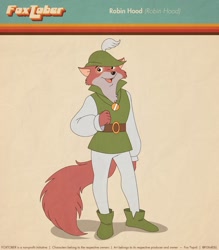Size: 2100x2400 | Tagged: safe, artist:fox-popvli, robin hood (robin hood), canine, fox, mammal, red fox, anthro, series:fox-popvli's foxtober, disney, robin hood (disney), belt, clothes, cute, cute little fangs, fangs, feather, hat, headwear, high res, looking at you, male, medal, open mouth, open smile, smiling, smiling at you, solo, solo male, teeth