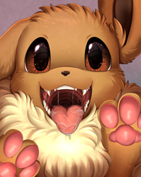 Size: 2550x3209 | Tagged: safe, artist:pridark, eevee, eeveelution, fictional species, mammal, feral, nintendo, pokémon, 2021, ambiguous gender, black nose, bust, commission, cute, cute little fangs, digital art, ears, fangs, floppy ears, fluff, fur, high res, mawshot, neck fluff, open mouth, paw pads, paws, sharp teeth, solo, solo ambiguous, teeth, tongue, tongue out