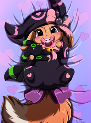 Size: 1280x1725 | Tagged: safe, artist:pridark, oc, oc only, eevee, eeveelution, fictional species, mammal, umbreon, feral, nintendo, pokémon, 2021, baby, bed, black nose, clothes, commission, cute, cute little fangs, digital art, ears, eyelashes, fangs, female, fluff, fur, heart, heart eyes, hoodie, looking at you, lying down, lying on bed, neck fluff, on bed, open mouth, pacifier, paw pads, paws, plushie, solo, solo female, teeth, tongue, topwear, wingding eyes, young