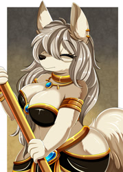 Size: 1280x1790 | Tagged: safe, artist:pridark, anubis, oc, oc only, oc:aki (teranen), anubian jackal, canine, jackal, mammal, anthro, 2020, belly button, big breasts, breasts, clothes, commission, digital art, ears, egyptian, eyelashes, eyes closed, female, fur, hair, jewelry, loincloth, solo, solo female, spear, tail, tank top, thighs, topwear, weapon, wide hips