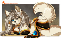 Size: 1280x809 | Tagged: safe, artist:pridark, anubis, oc, oc only, oc:aki (teranen), anubian jackal, canine, jackal, mammal, anthro, digitigrade anthro, 2020, belly button, big breasts, blep, breasts, clothes, commission, digital art, draw me like one of your french girls, ears, egyptian, eyelashes, female, fur, hair, jewelry, loincloth, looking at you, one eye closed, pose, solo, solo female, tail, tank top, thighs, tongue, tongue out, topwear, wide hips