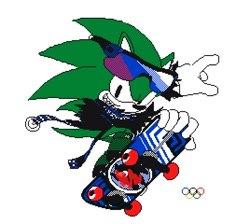 Size: 536x480 | Tagged: safe, artist:chaos_sez, scourge the hedgehog (sonic), hedgehog, mammal, anthro, archie sonic the hedgehog, flipnote studio, nintendo, sega, sonic the hedgehog (series), black eyes, clothes, fur, glasses, glasses on head, gloves, grin, jacket, male, mario & sonic at the olympic games, olympic rings, olympics, quills, shoes, simple background, skateboard, skateboarding, smiling, solo, solo male, sunglasses, sunglasses on head, tail, topwear, white background