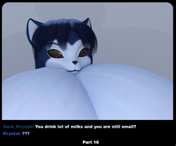 Size: 1280x1065 | Tagged: suggestive, artist:oleanderin, krystal (star fox), canine, fox, mammal, anthro, comic:boob growth, nintendo, star fox, 2020, 3d, black nose, black sclera, breast expansion, breasts, colored sclera, dialogue, expansion, eyelashes, female, female/female, fur, hair, hyper, hyper breasts, looking down, nudity, solo, solo female, source filmmaker, talking, text, vixen, wide hips
