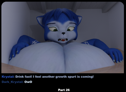 Size: 1280x932 | Tagged: suggestive, artist:oleanderin, krystal (star fox), canine, fox, mammal, anthro, comic:boob growth, nintendo, star fox, 2020, 3d, black nose, breast expansion, breasts, destruction, dialogue, expansion, eyelashes, female, fur, hair, hyper, hyper breasts, looking down, nudity, open mouth, sharp teeth, solo, solo female, source filmmaker, talking, teeth, text, tongue, tongue out, tribal markings, vixen