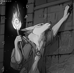 Size: 861x848 | Tagged: safe, artist:lizet, oc, oc only, oc:piper (lizet), canine, coyote, mammal, anthro, 2021, backpack, clothes, digital art, ears, female, fur, grayscale, monochrome, signature, solo, solo female, torch