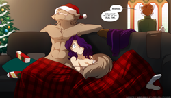 Size: 2240x1280 | Tagged: suggestive, artist:twokinds, maren taverndatter (twokinds), roselyn (twokinds), sythe (twokinds), fictional species, human, keidran, mammal, anthro, twokinds, blanket, christmas, christmas tree, clothes, conifer tree, eggnog, feet, female, fur, hair, hat, headwear, holiday, male, monologue, plant, santa hat, sleeping, speech bubble, tail, talking, text, tree