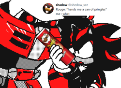 Size: 615x448 | Tagged: safe, artist:chaos_sez, e-123 omega (sonic), shadow the hedgehog (sonic), hedgehog, mammal, robot, anthro, flipnote studio, nintendo, sega, sonic the hedgehog (series), 2019, black eyes, chest fluff, clothes, duo, english text, fluff, fur, gloves, holding, holding food, holding object, limited palette, male, pringles, quills, simple background, standing, text, white background