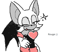 Size: 615x448 | Tagged: safe, artist:chaos_sez, rouge the bat (sonic), bat, mammal, anthro, flipnote studio, nintendo, sega, sonic the hedgehog (series), bat wings, breasts, cleavage, clothes, english text, female, fur, gloves, limited palette, one eye closed, simple background, smiling, solo, solo female, sparkles, standing, text, webbed wings, white background, wings, winking