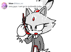 Size: 618x455 | Tagged: safe, artist:chaos_sez, blaze the cat (sonic), cat, feline, mammal, anthro, flipnote studio, nintendo, sega, sonic the hedgehog (series), clothes, english text, female, fur, gloves, hair, holding, holding object, holding phone, limited palette, open mouth, phone, ponytail, simple background, solo, solo female, standing, text, topwear, white background