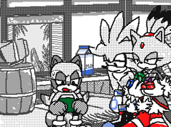 Size: 620x458 | Tagged: safe, artist:chaos_sez, blaze the cat (sonic), marine the raccoon (sonic), silver the hedgehog (sonic), cat, feline, hedgehog, mammal, procyonid, raccoon, anthro, flipnote studio, nintendo, sega, sonic the hedgehog (series), annoyed, barrel, clothes, english text, female, frowning, gem, gloves, group, hair, half closed eyes, holding, holding gem, holding object, indoors, looking at another, male, meme, meme redraw, milk carton, ponytail, quills, shoes, sol emerald, sol emerald (sonic), standing, sweat, text