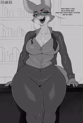 Size: 2344x3448 | Tagged: safe, artist:taigerarts, diane foxington (the bad guys), canine, fox, mammal, anthro, dreamworks animation, the bad guys, 2021, big breasts, breasts, cleavage, female, glasses, grayscale, green eyes, high res, looking at you, monochrome, open mouth, open smile, sharp teeth, smiling, smiling at you, solo, solo female, teeth, thick thighs, thighs, vixen, wide hips