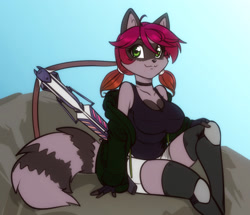Size: 2400x2061 | Tagged: safe, artist:scorpdk, mammal, procyonid, raccoon, anthro, bottomwear, breasts, clothes, crossbow, female, fur, green eyes, hair, high res, jacket, knee pads, looking at you, mask (facial marking), pigtails, ringtail, shorts, solo, solo female, tail, tank top, topwear, weapon