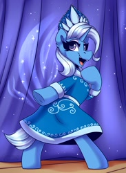 Size: 1650x2250 | Tagged: safe, artist:shadowreindeer, trixie (mlp), equine, fictional species, mammal, pony, unicorn, feral, friendship is magic, hasbro, my little pony, 2021, bipedal, blue body, clothes, crown, dress, female, hair, headwear, hooves, jewelry, magic, mane, mare, open mouth, regalia, snegurochka, solo, solo female, tail, underhoof, white hair, white mane, white tail
