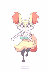 Size: 900x1260 | Tagged: suggestive, artist:bikomation, braixen, fictional species, anthro, digitigrade anthro, nintendo, pokémon, 2021, 2d, 2d animation, animated, belly button, bouncing breasts, cheek fluff, clothes, digital art, ear fluff, ear twitch, ears, female, fluff, frame by frame, fur, gif, headband, headwear, hip fluff, jogging, looking at you, neck fluff, nipple outline, solo, solo female, sports bra, starter pokémon, tail, thighs, topwear, wide hips, workout