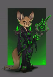 Size: 1424x2048 | Tagged: safe, artist:by_foxiart, canine, fictional species, mammal, vulpera, anthro, blizzard entertainment, world of warcraft, female, horns, solo, solo female, staff, tail, warlock
