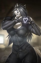 Size: 653x1000 | Tagged: safe, artist:strypeisonfire, oc, oc:gwen (wmdiscovery93), canine, mammal, wolf, anthro, big breasts, breasts, crotch bulge, heart hands, intersex, intersex female, muscular intersex female, solo, solo intersex female