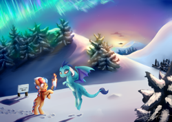 Size: 4961x3508 | Tagged: safe, artist:pucksterv, princess ember (mlp), oc, oc:ember, oc:ember (hwcon), dragon, earth pony, equine, fictional species, mammal, pony, western dragon, feral, friendship is magic, hasbro, my little pony, 2018, absurd resolution, aurora borealis, braid, braided tail, charity, clothes, dragoness, duo, female, fir tree, fire, flying, hair, hearth's warming con, holding, hoof hold, hooves, mare, mascot, multicolored mane, multicolored tail, namesake, plant, print, pun, rearing, scarf, scenery, signature, snow, sunset, tail, torch, tree, visual pun, winter