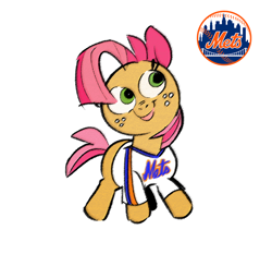 Size: 1034x962 | Tagged: safe, alternate version, artist:kylesmeallie, babs seed (mlp), earth pony, equine, fictional species, mammal, pony, feral, friendship is magic, hasbro, my little pony, 2020, clothes, female, filly, foal, freckles, mlb, new york mets, shirt, simple background, smiling, solo, solo female, topwear, white background, young