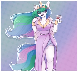 Size: 1810x1633 | Tagged: safe, artist:_alixxie_, princess celestia (mlp), alicorn, equine, fictional species, mammal, pony, anthro, friendship is magic, hasbro, my little pony, 2021, anthrofied, breasts, clothes, crown, dress, eye through hair, female, glass, gradient background, hair, headwear, horn, jewelry, mare, multicolored hair, multicolored tail, noblewoman's laugh, outline, regalia, side slit, smiling, solo, solo female, tail, white body, white outline, wine glass, wings