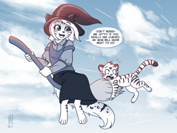 Size: 1440x1080 | Tagged: safe, artist:heresyart, maeve (twokinds), oc, oc:harry campbell (heresyart), big cat, cat, feline, fictional species, keidran, mammal, snow leopard, anthro, feral, twokinds, 2021, broom, broom riding, clothes, dialogue, duo, female, hat, headwear, male, open mouth, speech bubble, talking, witch hat