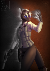 Size: 846x1200 | Tagged: safe, artist:sunny way, oc, oc only, oc:lin'el feltesis, equine, fictional species, mammal, pony, unicorn, anthro, 2021, armor, artwork, comic, comic page, cover, curved horn, digital art, equis, equis universe, female, glowing, gun, handgun, horn, justiciar, justiciar webcomic, kirinaes, mare, mrsoldat, new cover, patreon, pistol, solo, solo female, weapon, web comic, webcomic