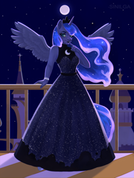 Size: 1280x1701 | Tagged: safe, artist:sinilga, princess luna (mlp), alicorn, equine, fictional species, mammal, pony, anthro, friendship is magic, hasbro, my little pony, 2021, anthrofied, clothes, crown, dress, evening dress, feathered wings, feathers, female, full moon, headwear, horn, jewelry, lipstick, looking at you, makeup, mare, moon, night, regalia, solo, solo female, sparkly mane, spread wings, tail, wings