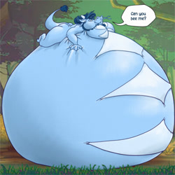 Size: 400x400 | Tagged: suggestive, artist:xinjinmeng, dragon, eastern dragon, fictional species, anthro, big belly, blue dragon, can you see me, complete nudity, expansion, hyper, hyper belly, inflation, nudity, solo