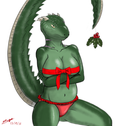 Size: 4000x4000 | Tagged: suggestive, artist:spe, deeja (skyrim), argonian, fictional species, reptile, the elder scrolls, the elder scrolls v: skyrim, angry, christmas, clothes, green scales, holiday, holly, holly mistaken for mistletoe, lingerie, long tail, nipple outline, panties, ribbon, scales, tail, underwear