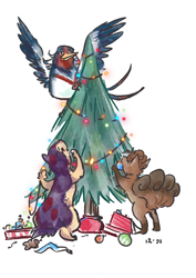 Size: 2480x3508 | Tagged: safe, artist:hi-cial, oc, oc:blitz (gyro), oc:bria cindertails, oc:mistral, bird, canine, fictional species, fox, mammal, mustelid, quilava, swellow, vulpix, feral, nintendo, pokémon, blue eyes, christmas, christmas tree, conifer tree, fire, fur, high res, holiday, male, mottled body, mottled fur, multicolored fur, paws, purple body, purple fur, spread wings, starter pokémon, tan body, tan fur, tree, wings