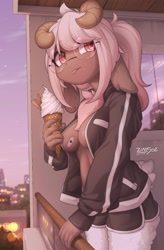 Size: 2684x4096 | Tagged: suggestive, alternate version, artist:zinfyu, oc, oc only, oc:sakura hichuena (zinfyu), bovid, caprine, mammal, sheep, anthro, 2021, black nose, blushing, braless, clothes, detailed background, digital art, ears, eyelashes, female, fluff, food, fur, glasses, hair, horns, ice cream, ice cream cone, jacket, leg fluff, looking at you, round glasses, shirt, solo, solo female, tail, thighs, tongue, topwear, wide hips