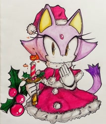 Size: 1612x1887 | Tagged: safe, artist:nuinu_17, blaze the cat (sonic), cat, feline, mammal, anthro, sega, sonic the hedgehog (series), candle, christmas, clothes, dress, female, fire, fur, gloves, hair, hat, headwear, holding, holding object, holiday, holly, irl, photo, photographed artwork, ponytail, purple body, purple fur, santa hat, simple background, solo, solo female, tail, traditional art, white background, yellow eyes