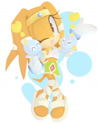 Size: 1568x1973 | Tagged: safe, artist:nuinu_17, tikal the echidna (sonic), chao, echidna, fictional species, mammal, monotreme, anthro, plantigrade anthro, sega, sonic the hedgehog (series), 2021, ambiguous gender, blobfeet, blue eyes, bottomwear, bracelet, clothes, eyes closed, female, fur, gloves, group, heart, jewelry, one eye closed, open mouth, open smile, orange body, orange fur, quills, sandals, shoes, simple background, skirt, smiling, standing, white background, wings, winking