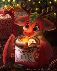 Size: 690x863 | Tagged: safe, artist:cryptid-creations, dragon, fictional species, furred dragon, western dragon, feral, ambiguous gender, antlers, christmas, cocoa, cute, food, gift, holiday, marshmallow, paw pads, paws, pinecone, solo, solo ambiguous