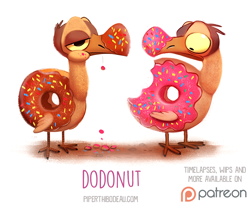 Size: 854x708 | Tagged: safe, artist:cryptid-creations, bird, dodo, fictional species, food creature, feral, 2d, ambiguous gender, cannibalism, colored sclera, dark comedy, doughnut, duo, duo ambiguous, food, patreon, patreon logo, pun, simple background, visual pun, white background, yellow sclera